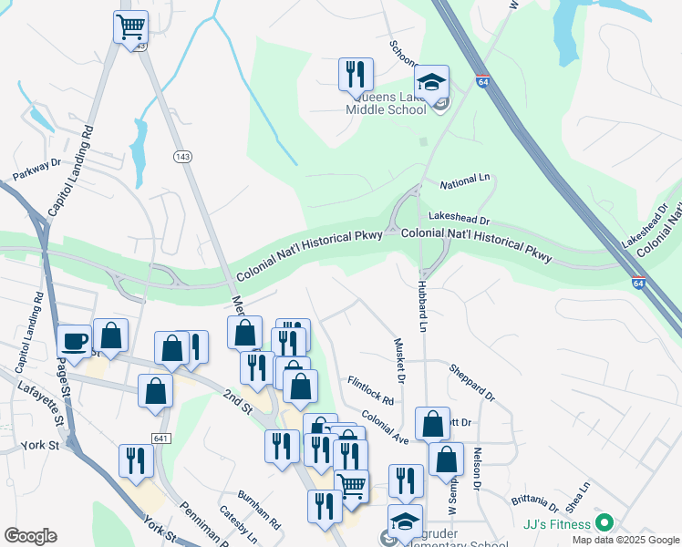 map of restaurants, bars, coffee shops, grocery stores, and more near 608 Musket Drive in Williamsburg