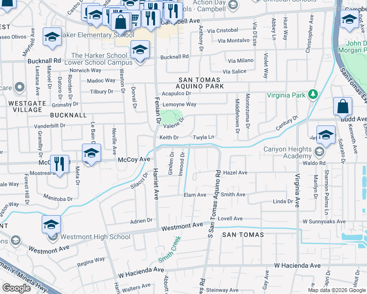 map of restaurants, bars, coffee shops, grocery stores, and more near West San Tomas Aquino Road in Campbell