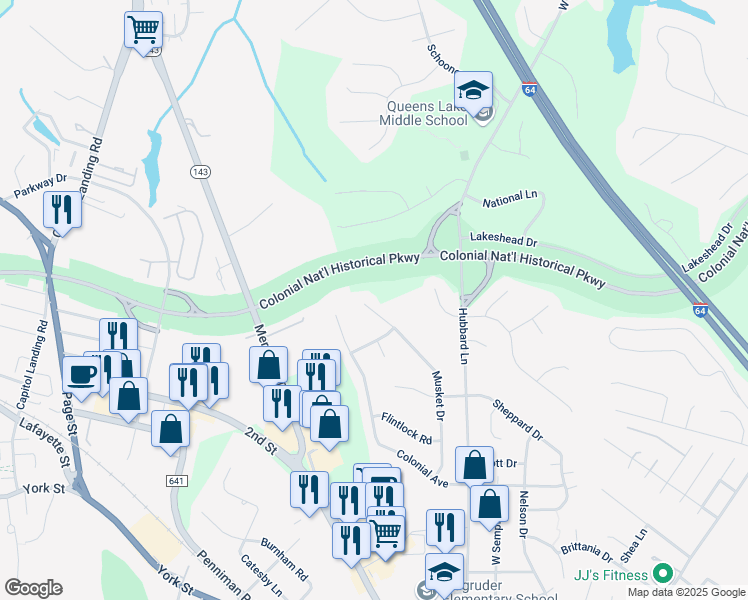 map of restaurants, bars, coffee shops, grocery stores, and more near 608 Musket Drive in Williamsburg