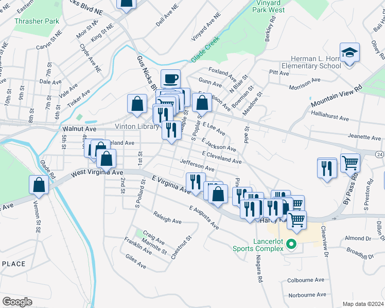 map of restaurants, bars, coffee shops, grocery stores, and more near 351 South Poplar Street in Vinton