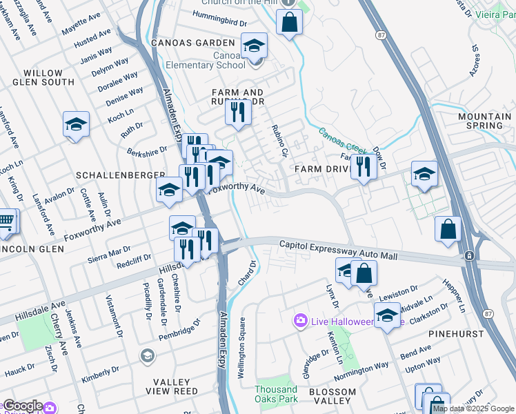 map of restaurants, bars, coffee shops, grocery stores, and more near 3156 Tuscolana Way in San Jose