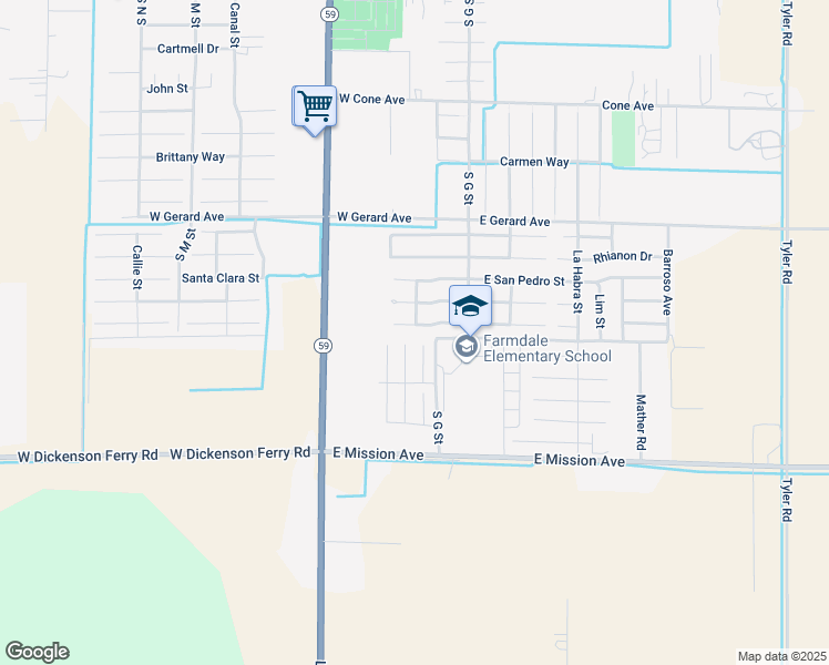 map of restaurants, bars, coffee shops, grocery stores, and more near 108 Sonoma Street in Merced