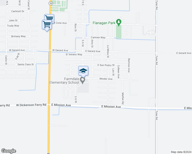 map of restaurants, bars, coffee shops, grocery stores, and more near 130 Sisco De Asis Court in Merced