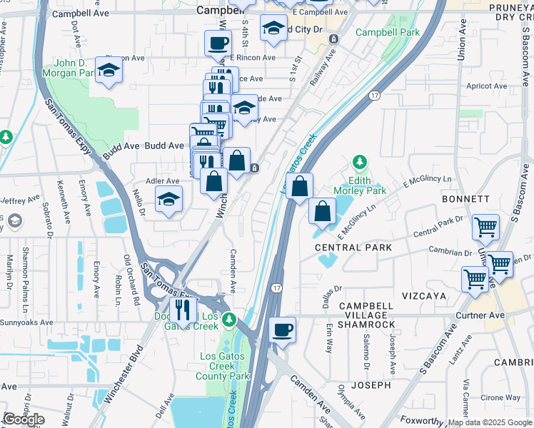 map of restaurants, bars, coffee shops, grocery stores, and more near 113 Timber Cove Drive in Campbell