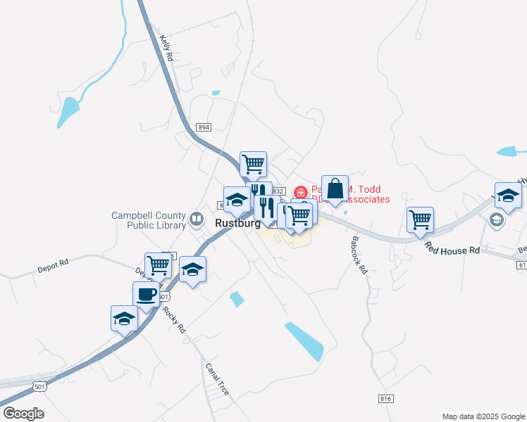map of restaurants, bars, coffee shops, grocery stores, and more near East Highway 501 in Rustburg