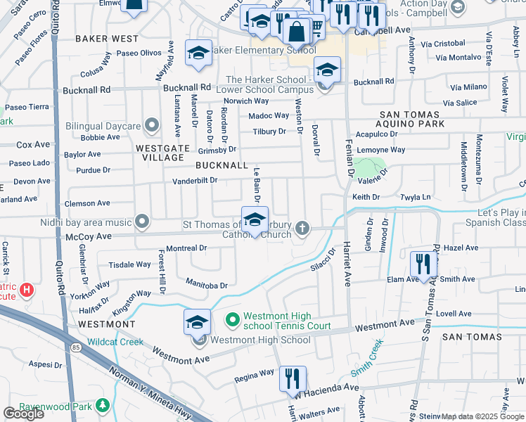 map of restaurants, bars, coffee shops, grocery stores, and more near 2476 Le Bain Drive in San Jose