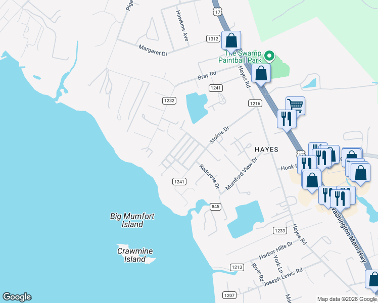 map of restaurants, bars, coffee shops, grocery stores, and more near 7185 Pattersons View Lane in Gloucester Point