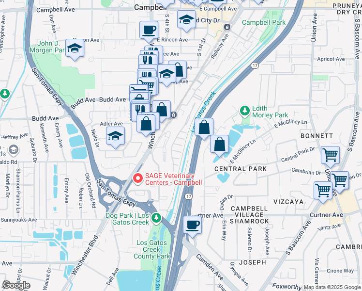 map of restaurants, bars, coffee shops, grocery stores, and more near 870 Camden Avenue in Campbell