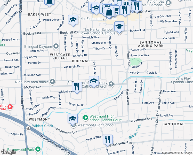 map of restaurants, bars, coffee shops, grocery stores, and more near 2476 Le Bain Drive in San Jose