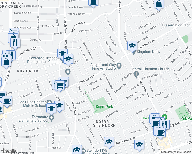 map of restaurants, bars, coffee shops, grocery stores, and more near 1814 Curtner Avenue in San Jose