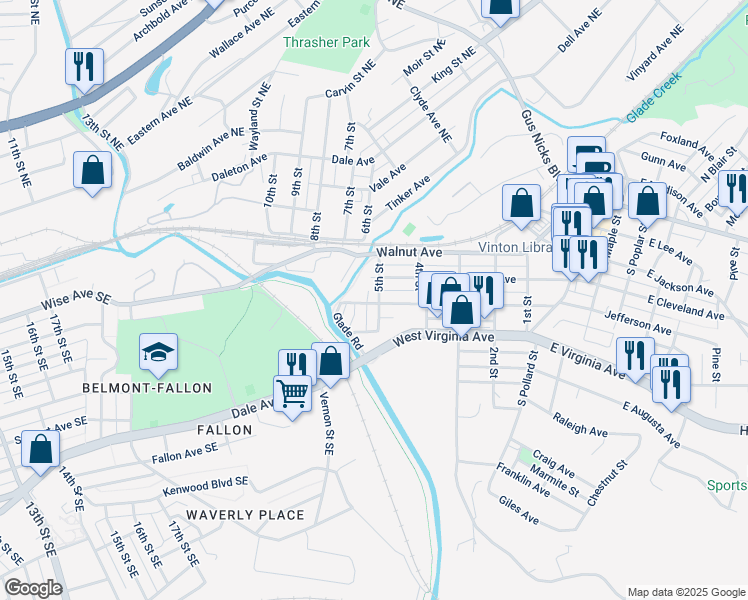 map of restaurants, bars, coffee shops, grocery stores, and more near 417 5th Street in Vinton