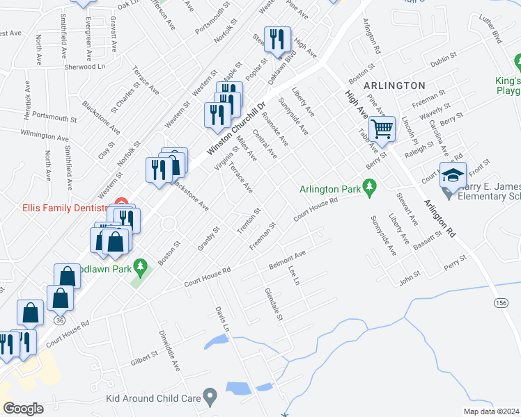 map of restaurants, bars, coffee shops, grocery stores, and more near 1404 Terrace Avenue in Hopewell