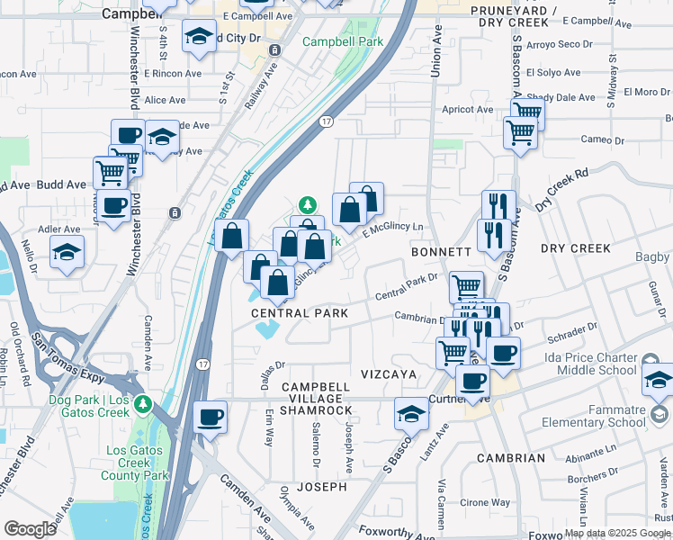 map of restaurants, bars, coffee shops, grocery stores, and more near 580 East McGlincy Lane in Campbell