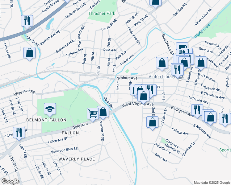 map of restaurants, bars, coffee shops, grocery stores, and more near 417 5th Street in Vinton