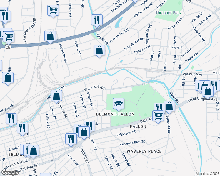 map of restaurants, bars, coffee shops, grocery stores, and more near 1822 Wise Avenue Southeast in Roanoke