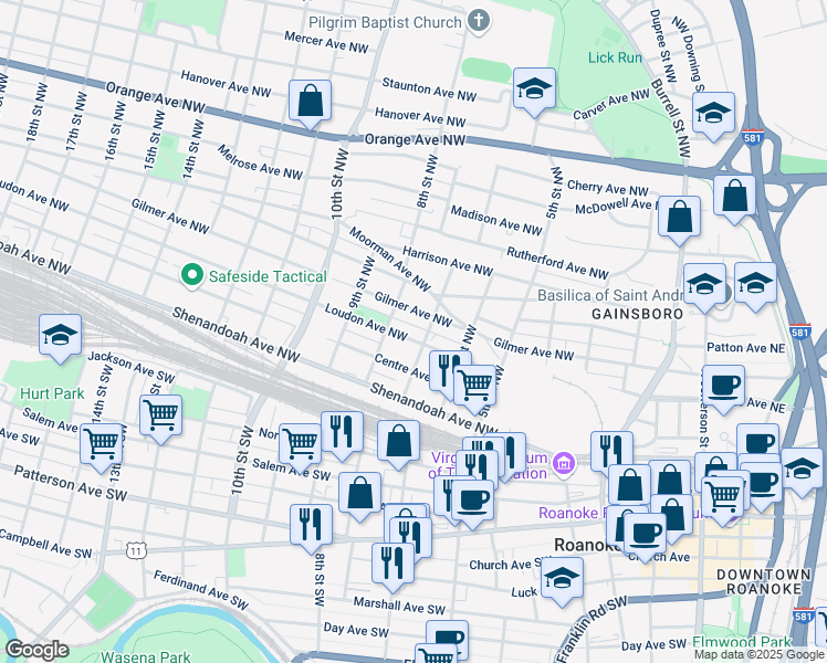 map of restaurants, bars, coffee shops, grocery stores, and more near 712 Gilmer Avenue Northwest in Roanoke