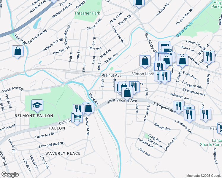 map of restaurants, bars, coffee shops, grocery stores, and more near 410 Cedar Avenue in Vinton