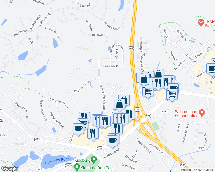 map of restaurants, bars, coffee shops, grocery stores, and more near Ben Franklin Circle in Williamsburg