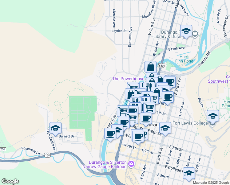 map of restaurants, bars, coffee shops, grocery stores, and more near 1208 Avenida Del Sol in Durango