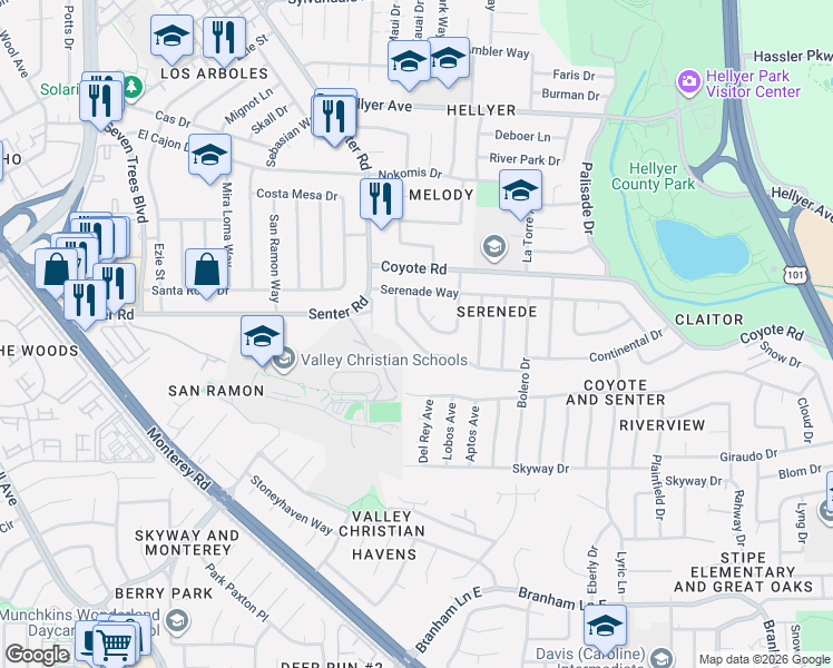 map of restaurants, bars, coffee shops, grocery stores, and more near 4428 Concerto Drive in San Jose