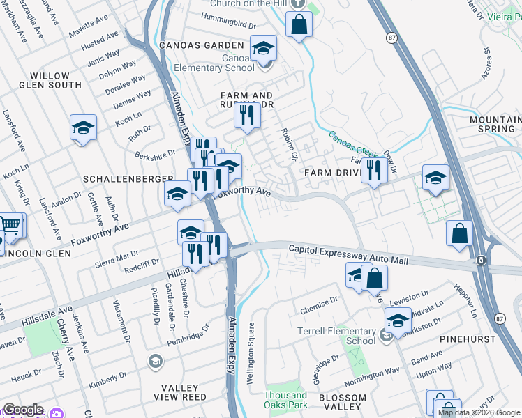 map of restaurants, bars, coffee shops, grocery stores, and more near 3126 Foxworthy Avenue in San Jose