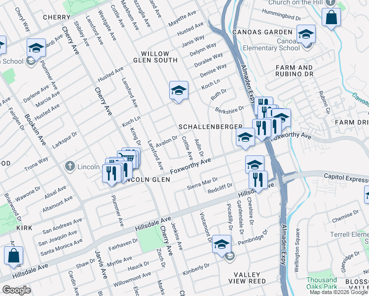 map of restaurants, bars, coffee shops, grocery stores, and more near 2920 Cottle Avenue in San Jose