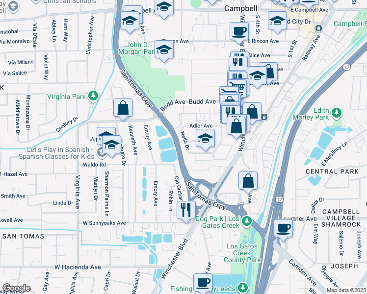 map of restaurants, bars, coffee shops, grocery stores, and more near 601 Nello Drive in Campbell