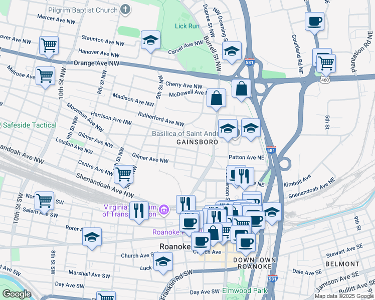 map of restaurants, bars, coffee shops, grocery stores, and more near 222 Harrison Avenue Northwest in Roanoke