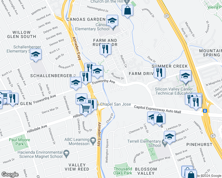 map of restaurants, bars, coffee shops, grocery stores, and more near 3126 Foxworthy Avenue in San Jose