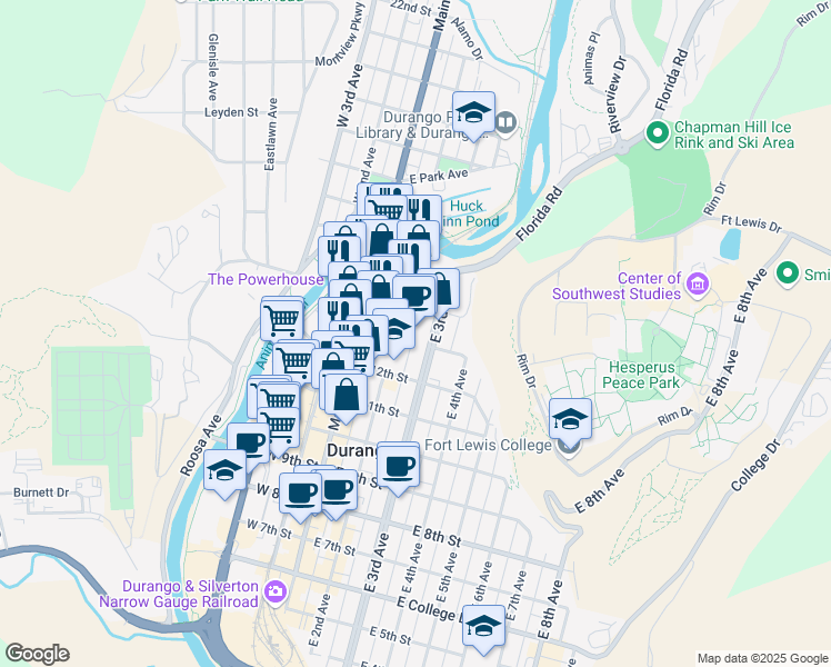 map of restaurants, bars, coffee shops, grocery stores, and more near 1309 East 3rd Avenue in Durango