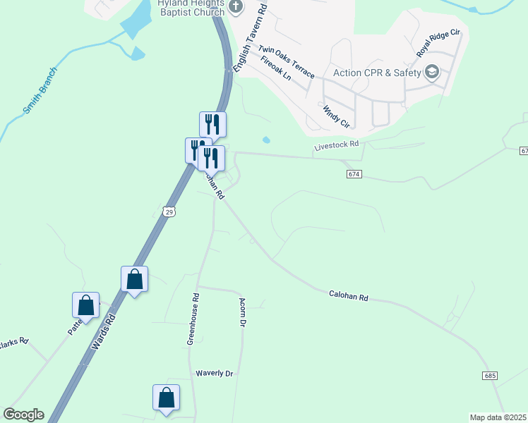map of restaurants, bars, coffee shops, grocery stores, and more near 110 Barringer Drive in Rustburg