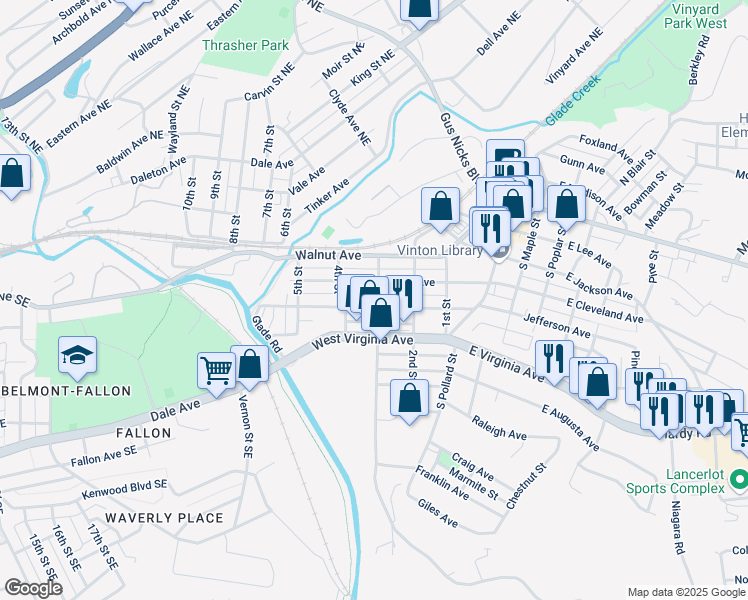 map of restaurants, bars, coffee shops, grocery stores, and more near 305 West Cleveland Avenue in Vinton