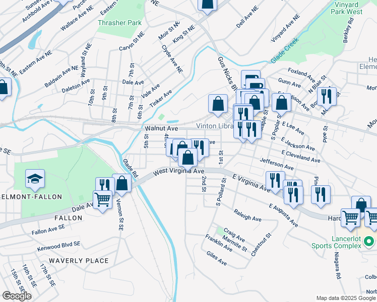 map of restaurants, bars, coffee shops, grocery stores, and more near 234 Cedar Avenue in Vinton