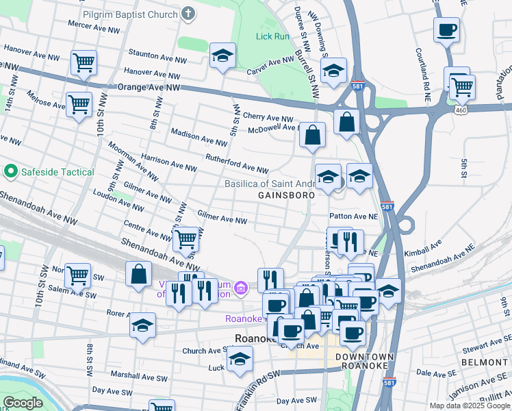 map of restaurants, bars, coffee shops, grocery stores, and more near 302 Patton Avenue Northwest in Roanoke