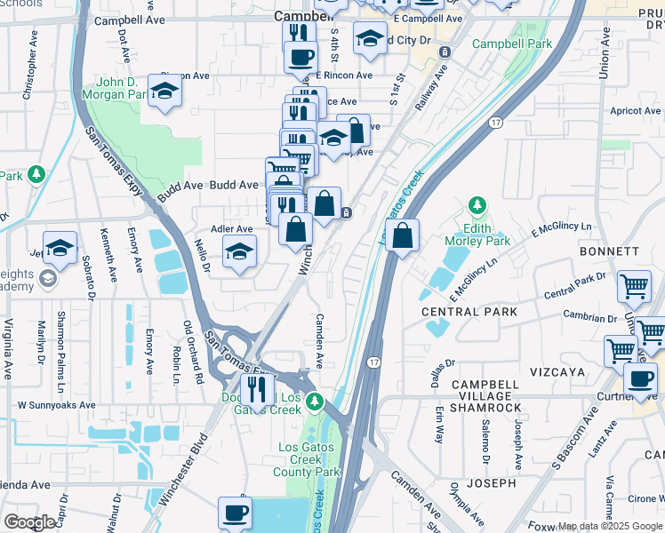 map of restaurants, bars, coffee shops, grocery stores, and more near 738 Camden Avenue in Campbell