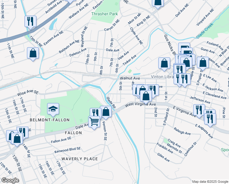 map of restaurants, bars, coffee shops, grocery stores, and more near 520 Cedar Avenue in Vinton
