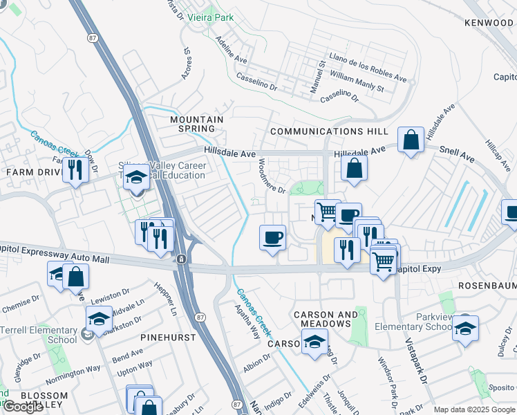 map of restaurants, bars, coffee shops, grocery stores, and more near 558 Manhattan Place in San Jose