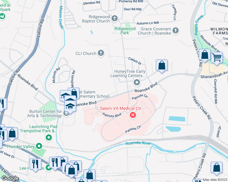 map of restaurants, bars, coffee shops, grocery stores, and more near 1945 Roanoke Boulevard in Salem