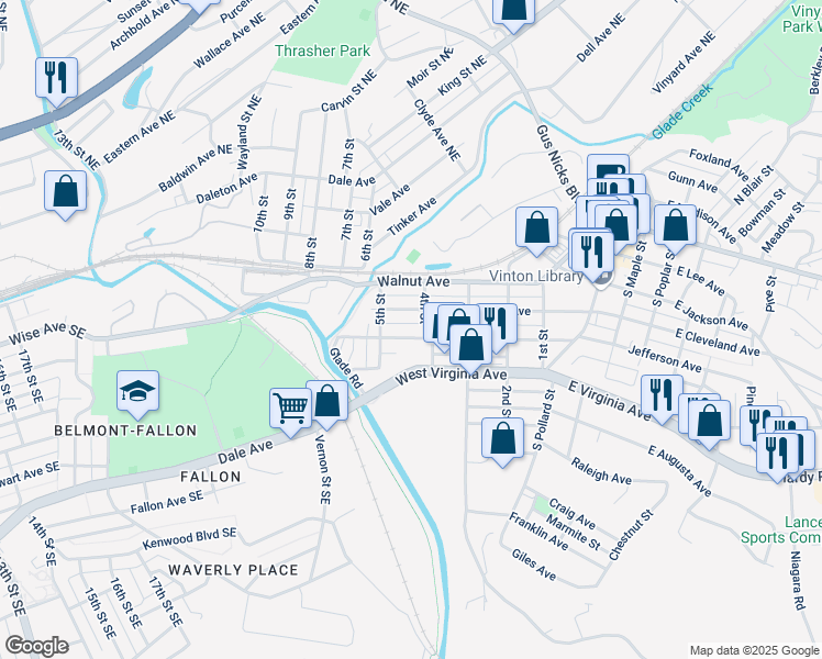 map of restaurants, bars, coffee shops, grocery stores, and more near 410 Cedar Avenue in Vinton
