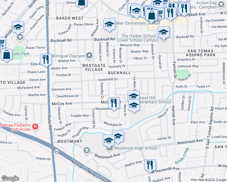map of restaurants, bars, coffee shops, grocery stores, and more near 2448 Rossotto Drive in San Jose