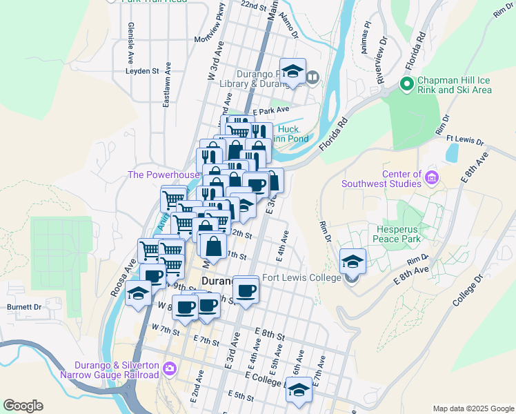 map of restaurants, bars, coffee shops, grocery stores, and more near 1309 East 3rd Avenue in Durango