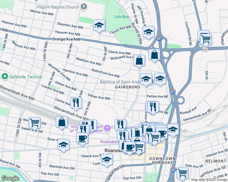 map of restaurants, bars, coffee shops, grocery stores, and more near 302 Patton Avenue Northwest in Roanoke