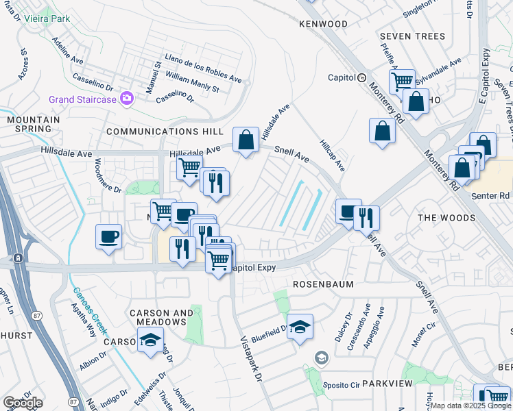 map of restaurants, bars, coffee shops, grocery stores, and more near 3637 Snell Avenue in San Jose