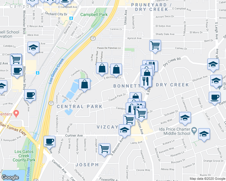 map of restaurants, bars, coffee shops, grocery stores, and more near 629 Union Avenue in Campbell