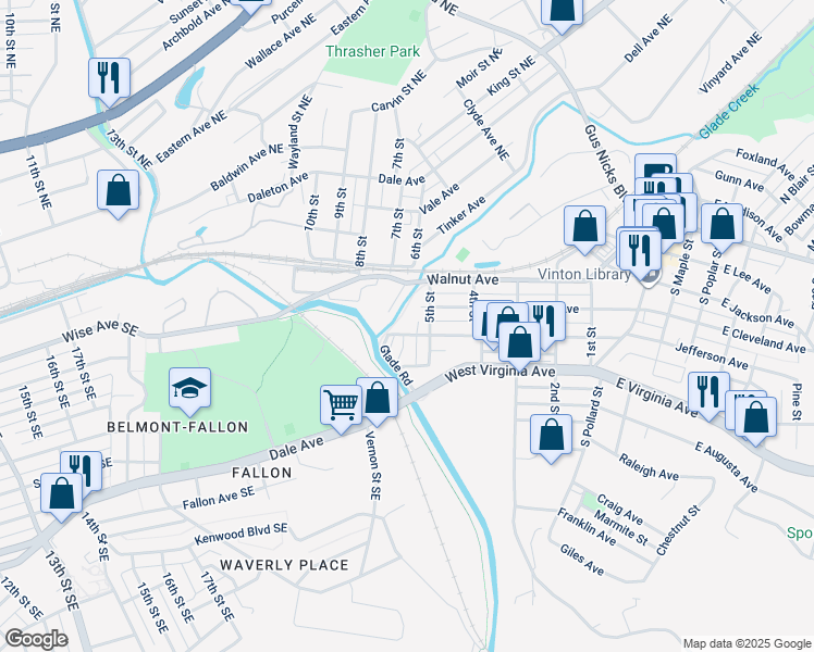 map of restaurants, bars, coffee shops, grocery stores, and more near 520 Cedar Avenue in Vinton