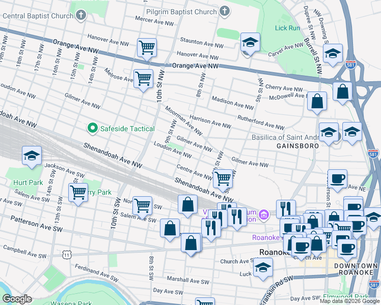 map of restaurants, bars, coffee shops, grocery stores, and more near 712 Gilmer Avenue Northwest in Roanoke