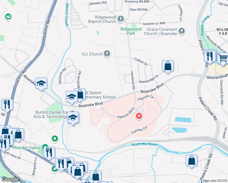 map of restaurants, bars, coffee shops, grocery stores, and more near 1945 Roanoke Boulevard in Salem
