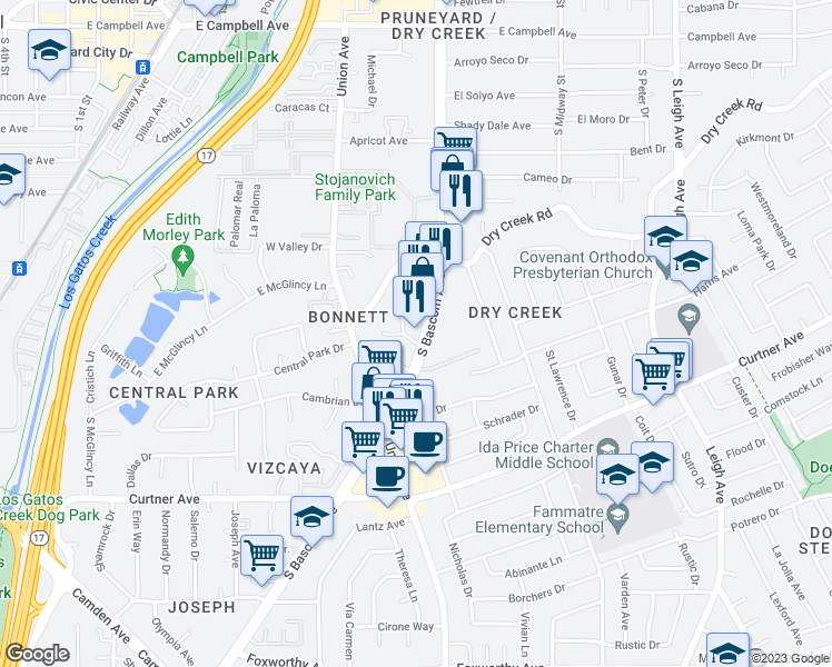 map of restaurants, bars, coffee shops, grocery stores, and more near 2509 South Bascom Avenue in Campbell