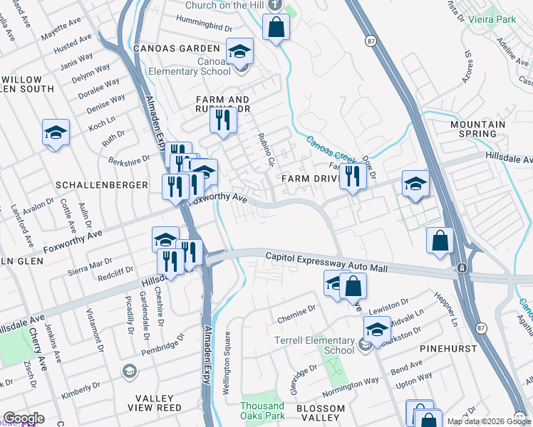 map of restaurants, bars, coffee shops, grocery stores, and more near in San Jose
