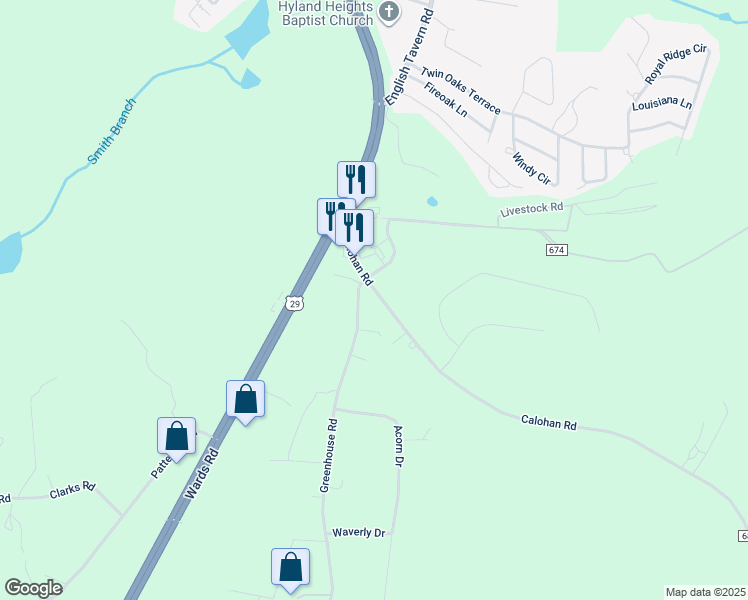 map of restaurants, bars, coffee shops, grocery stores, and more near 1642 Calohan Road in Rustburg